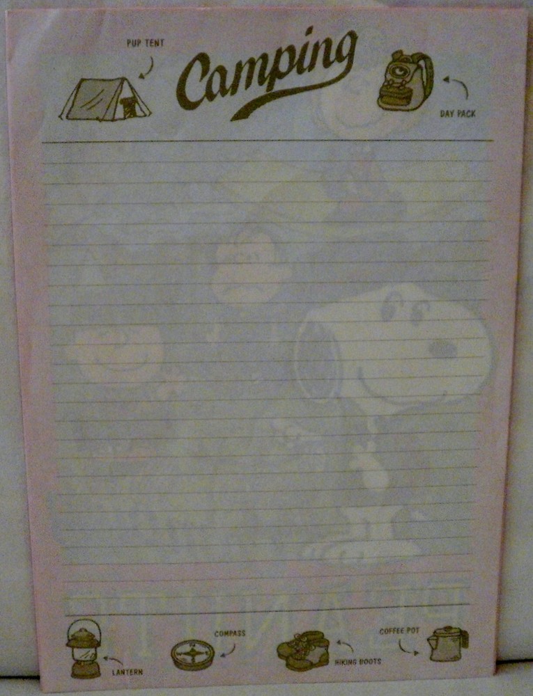 Hallmark Peanuts Camping Lined Stationery Booklet + Extra Sheets & Holder