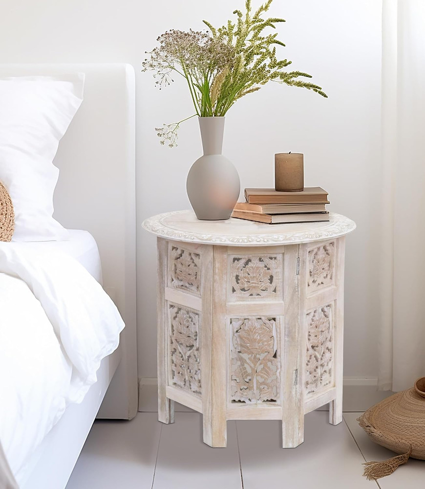 Solid Wood End Table - Hand Carved Vintage Boho Folding Accent Side Table - S...