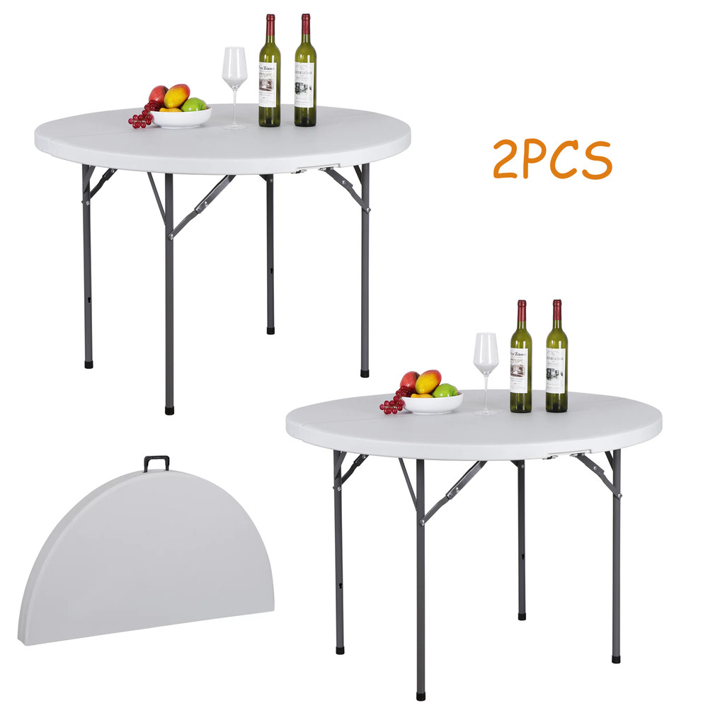 2PCS 4' Round Bi-Folding Camping Table Plastic Dining Card Table Kitchen Outdoor