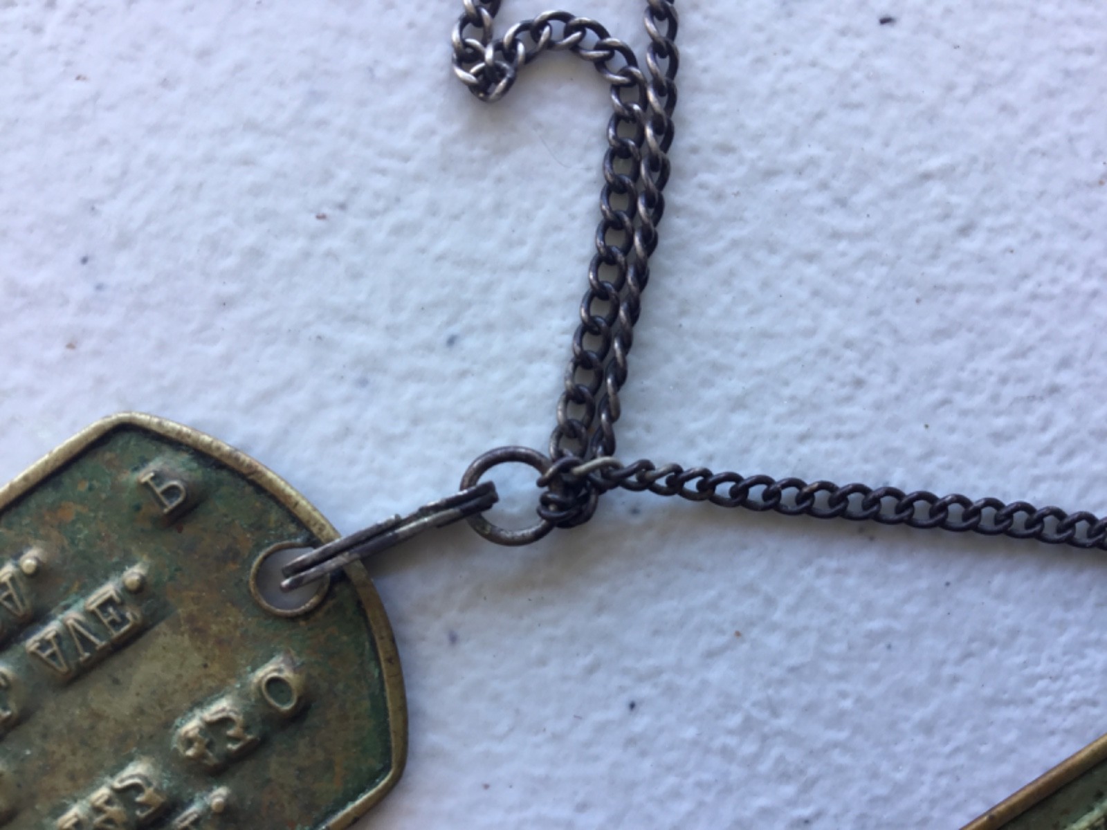 WWII Brass Notched Dog Tags On Sterling J-Hook Chain T-43 P