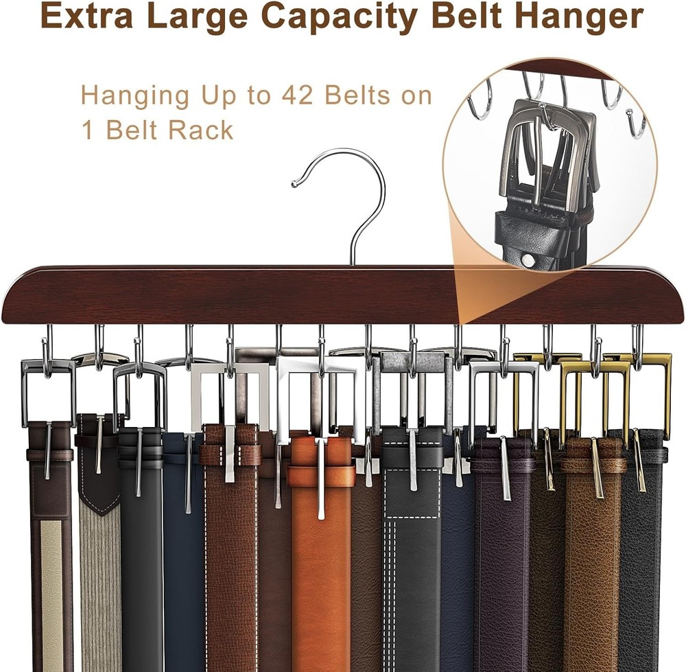 Compact Mahogany Belt Storage Solution with 14 Hooks – Elevate Your Closet Style