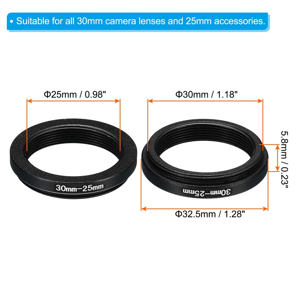 30mm-25mm Metal Step Down Ring, Camera Lens Filter Adapter Ring Black