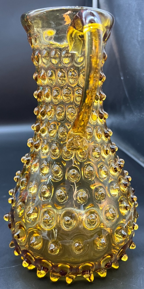 Tall Amber Hobnail Handle Pitcher 9"