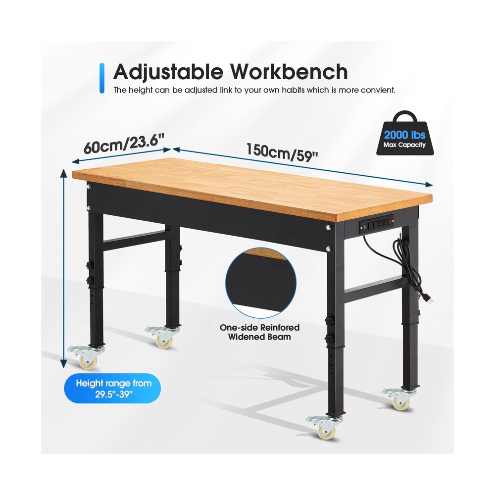 60'' Adjustable Workbench, 2000 LBS Load Capacity Heavy Duty Workstation with...