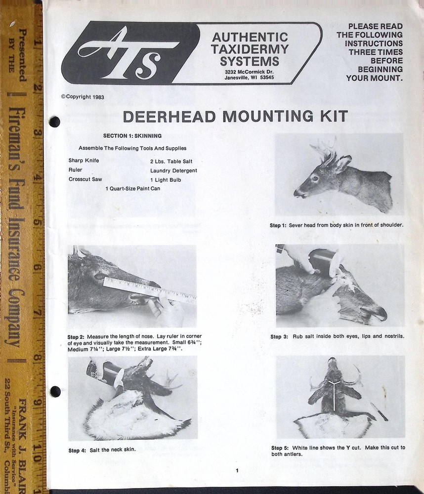 1983 Authentic Taxidermy Systems Deerhead Mounting Kit Instructions Guide
