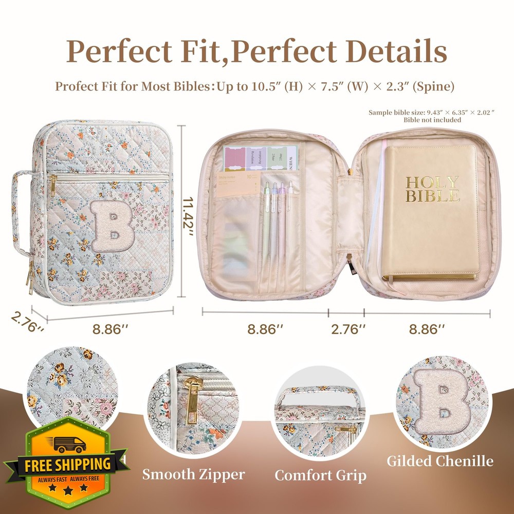 Personalized Initial Bible Cover - Large Quilted Bag - Patchwork Floral-B