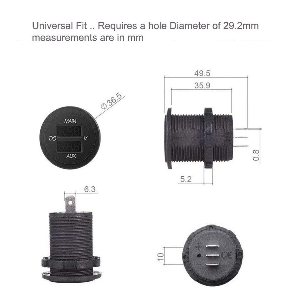 Dual Volt Meter Round Panel Mount LED Display 12/24 v