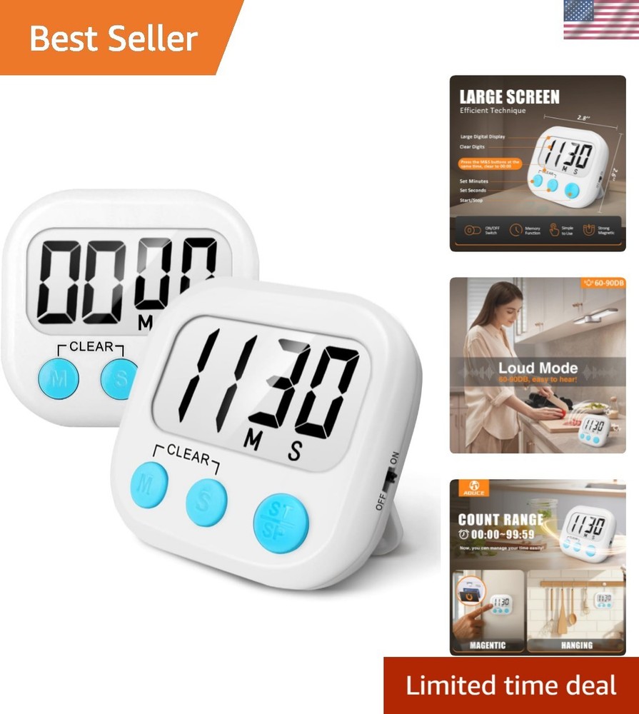 White Digital Kitchen Timer - 2 Pack with Big Digits & Easy Placement Options