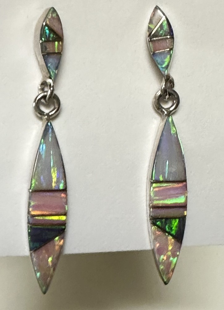Sterling Silver Opal Inlay Dangle Earrings, Native American