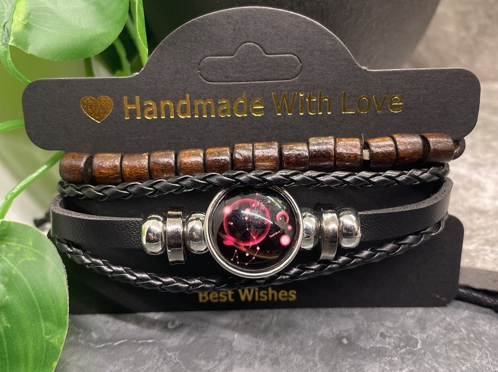 2 PC Zodiac Wood Bead PU Leather Bracelet Stackable Adjustable Tie New B3369