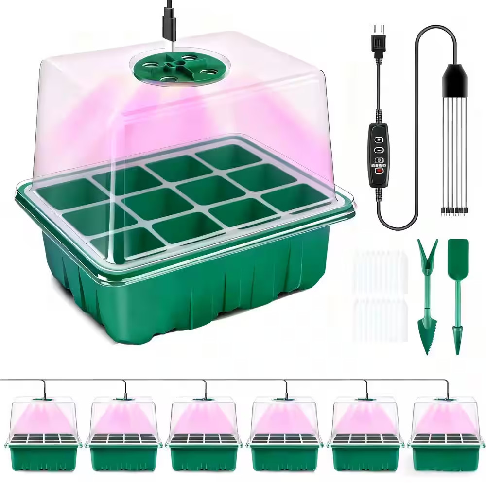 6-Pack Seed Starter Kit, Grow Light, Timing Controller, Adjustable Brightness, T