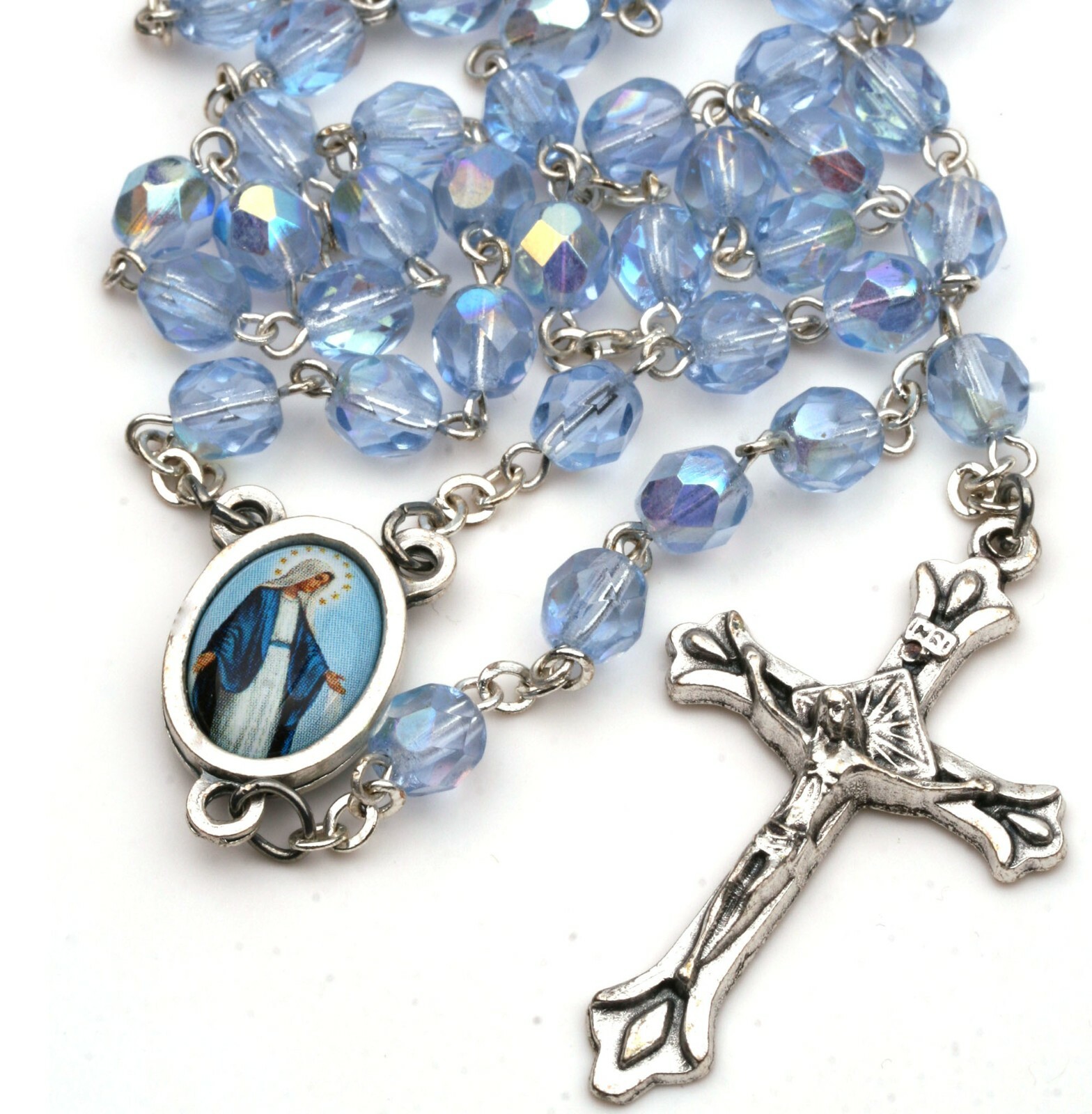 Women's Miraculous Medal Catholic Rosary Beads Blue Glass Beads Divine Mercy