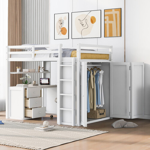 Twin Full Size Loft Bed with Desk Wardrobe Storage Cabinet Solid Wood Bed Frames
