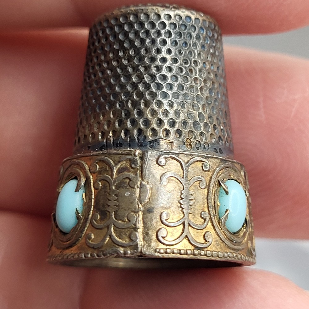 Antique Silver 800 and Turquoise Thimble