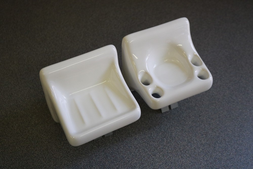 ACP Thin-Set Glossy White Ceramic Soap Dish & Toothbrush Holder Bathroom Set