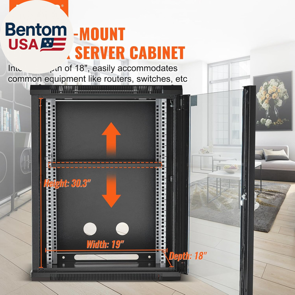 15U Wall Mount Network Server Cabinet, 18'' Deep, Server Rack Cabinet Enclosure,