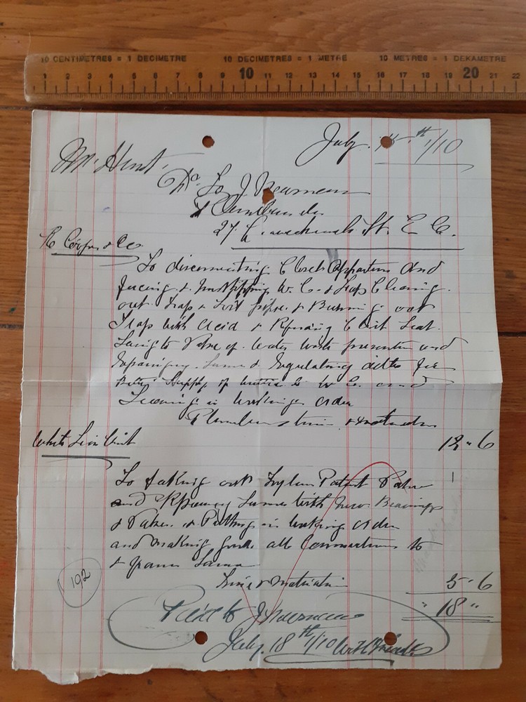 1910 letter detailed estimate for work