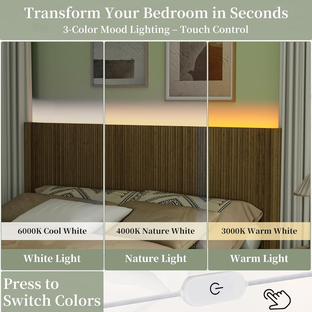 Queen Size Headboard Only, Modern Fluted Wall-Mounted Head Board with Lighting,