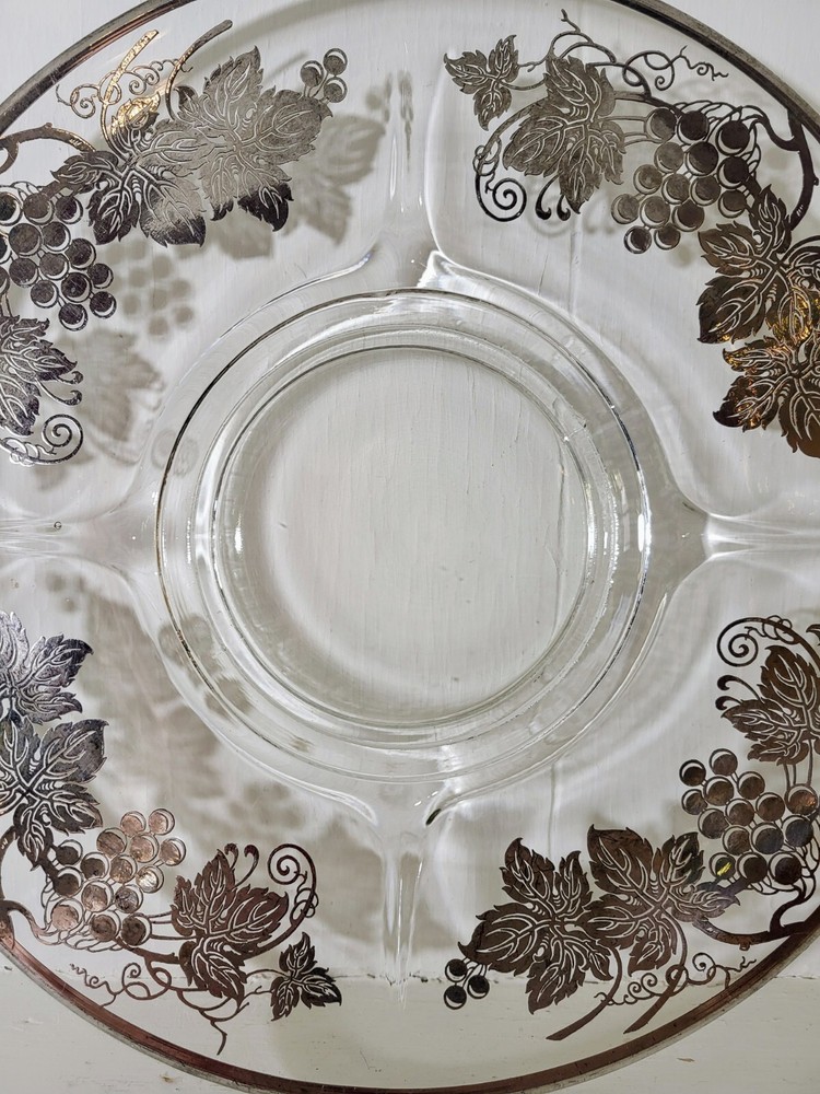 Vintage 1940s Serving Platter with Sterling Silver Grapevine Design Application