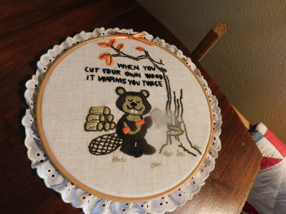 Beaver Crewel Embroidery Panel Vintage Handmade