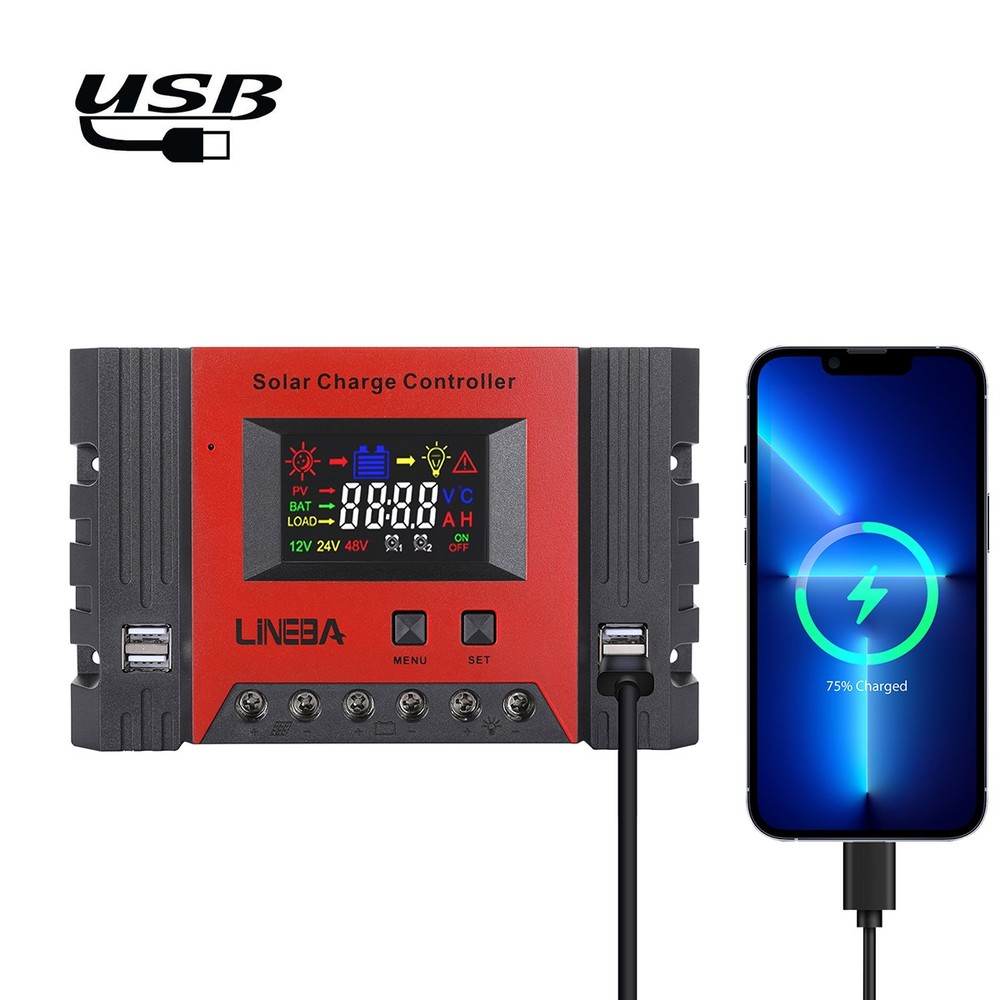 100A Solar Panel Battery Charge Controller 12V/24V/48V LCD Regulator Auto 4 USB
