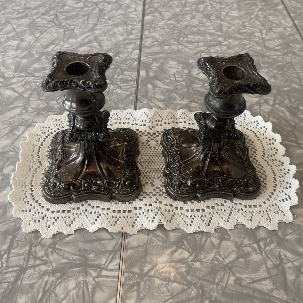Baroque & Rococo Silverplate Candlesticks Pair with Removable Bobeches antique