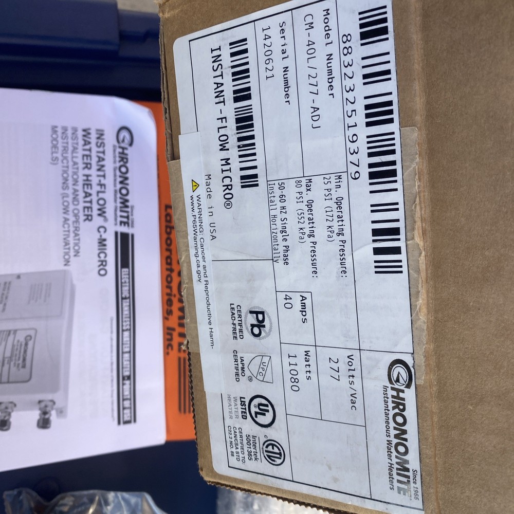 Tankless Point of Use Water Heater Chronomite CMI-40L/277 Instant Flow Micro