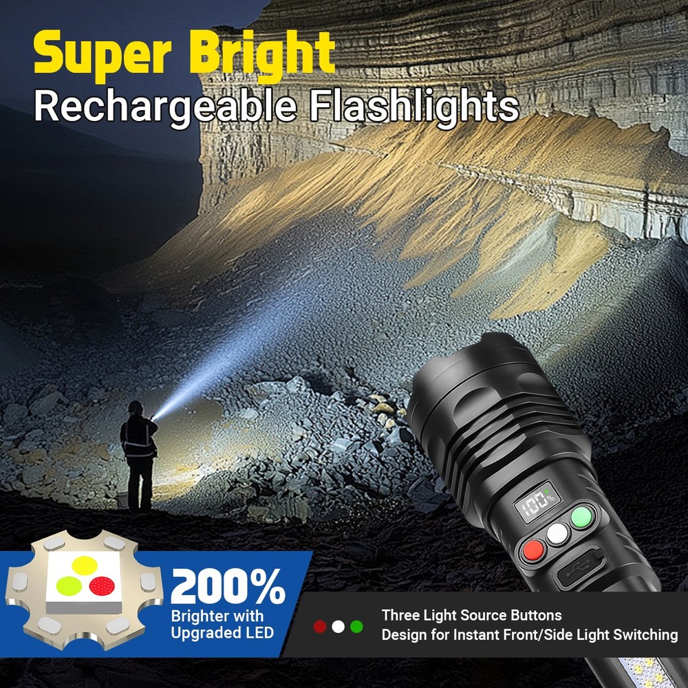 Super Bright 1000 Lumen 3-COLOR LED Flashlight Rechargeable Tactical Work Light