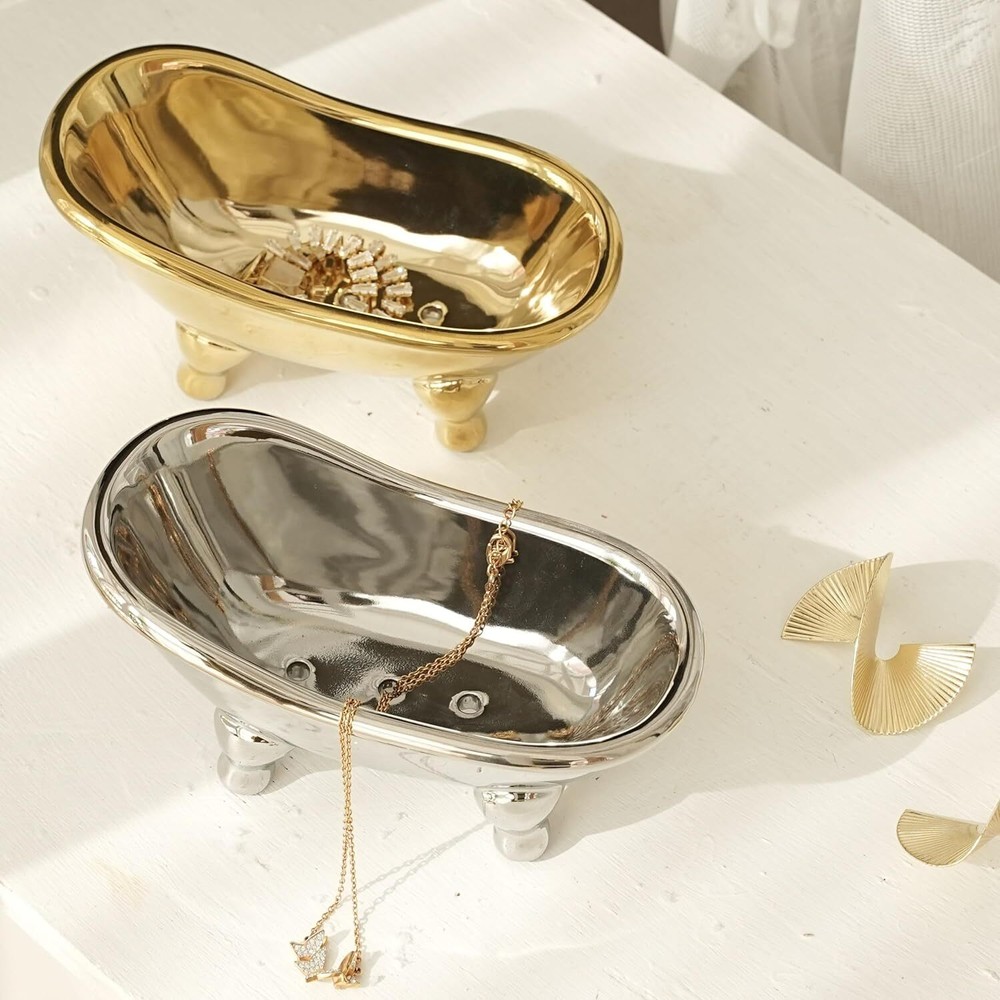 5.6" Ceramic Mini Bathtub Soap Dish Decortative Clawfoot Bathroom Golden