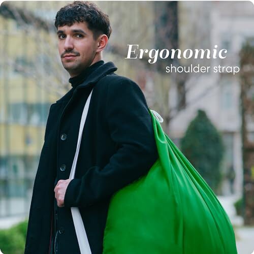 Shoulder Strap Laundry Bag - Drawstring Locking Closure, Durable Nylon Green