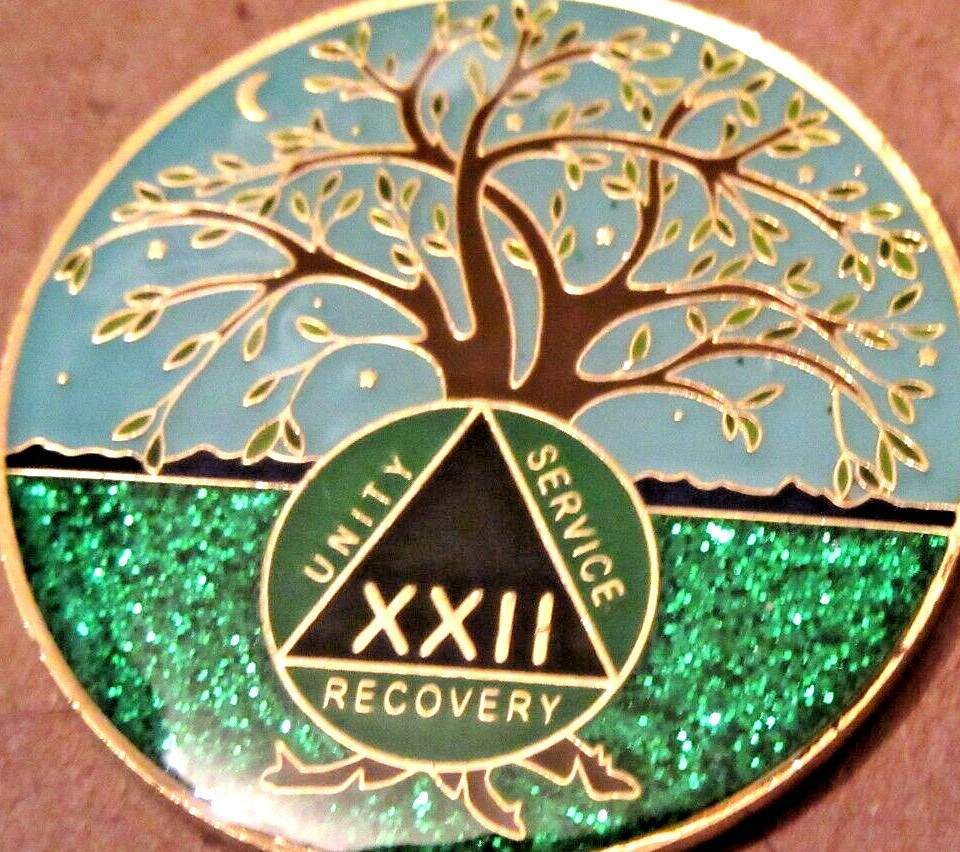 Tree - Blue green SPARKLE Alcoholics Anonymous 22 year AA Medallion Coin Token