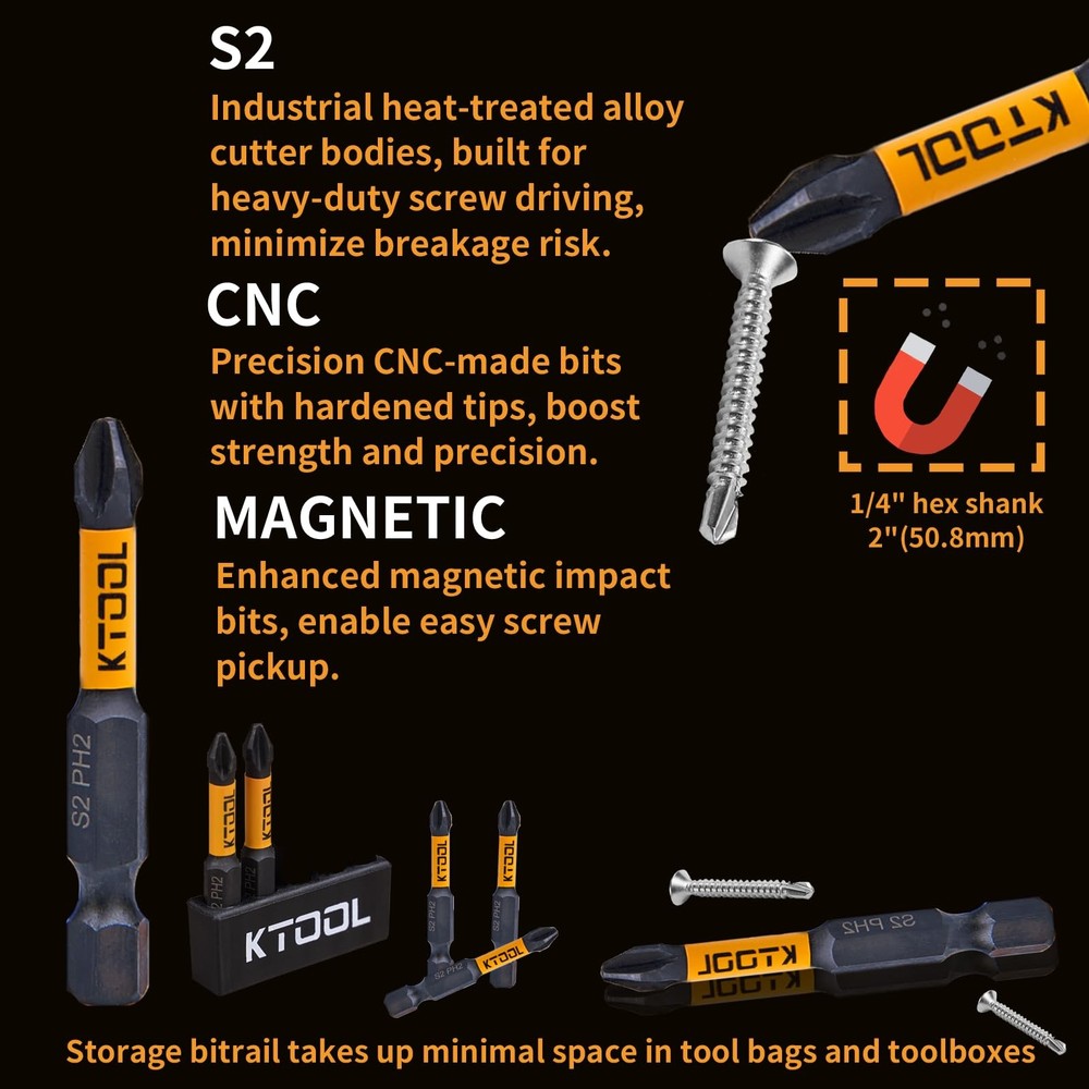 KTOOL Impact Driver Bit Set 5 Pack 2 Inch Phillips Bits #2 Black/Orange