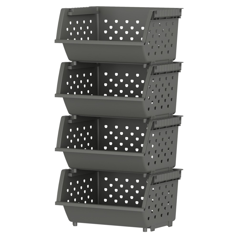 Mayish 4 Packs Plastic Large Stacking Organizer Basket, Gray