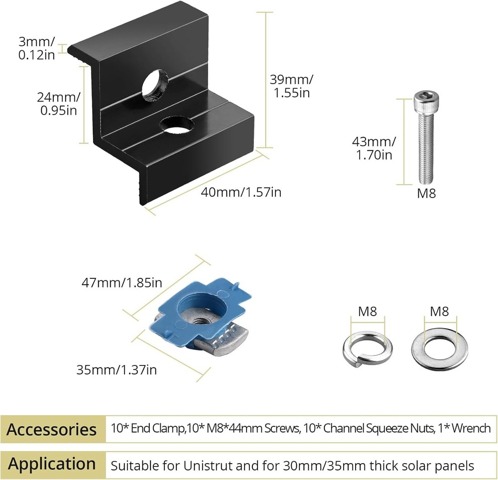 10pcs Solar Panel End Clamp for Standard 1.18(30mm) & 1.38(35mm), Black