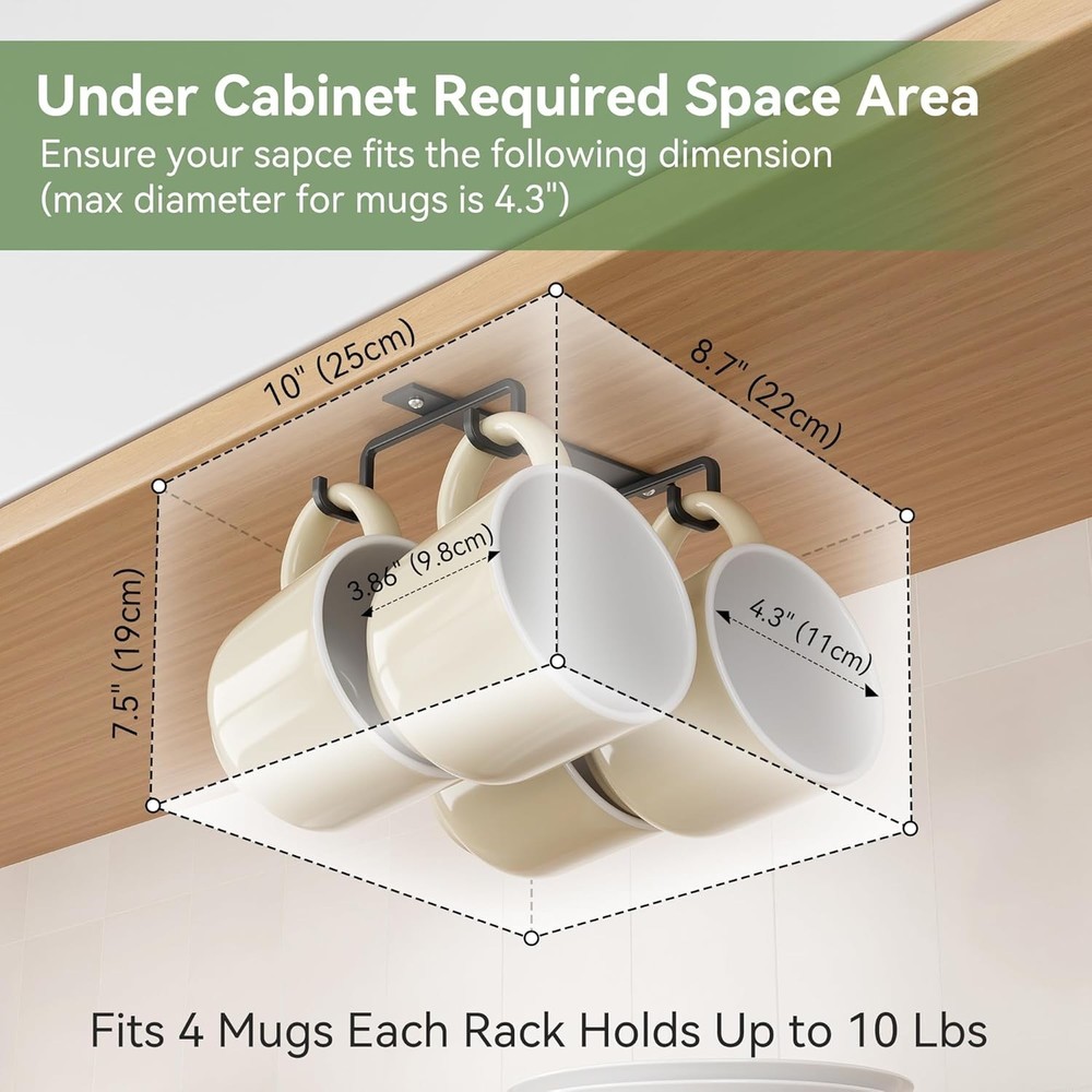 Mug Hooks Under Cabinet Space-Saving, Metal Coffee Cup Hooks 3 Pack, Sturdy M...
