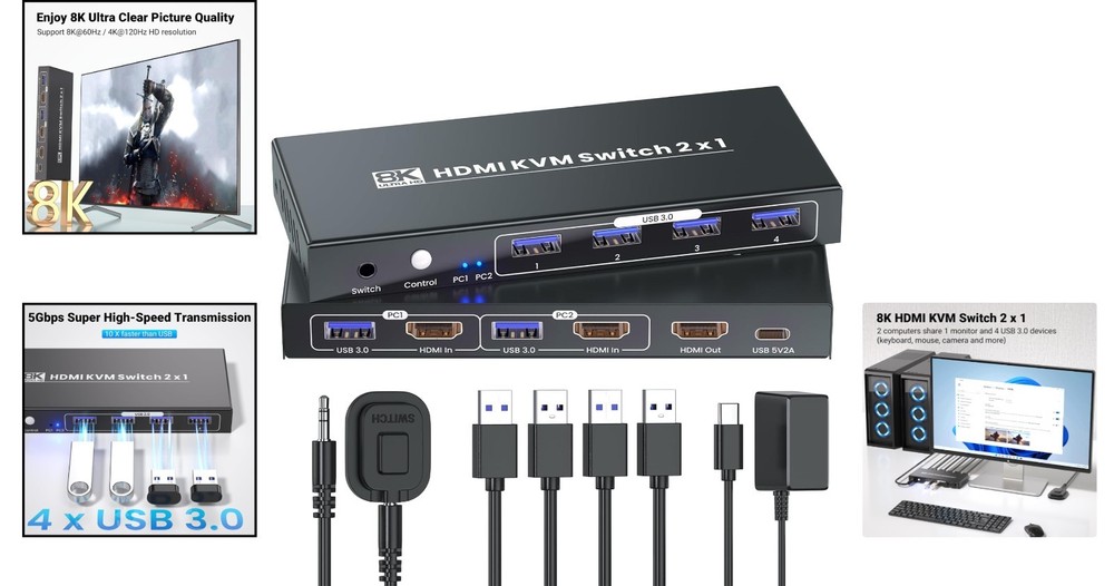 Durable HDMI KVM Switch for 2 Computers - 8K60Hz Resolution with USB 3.0