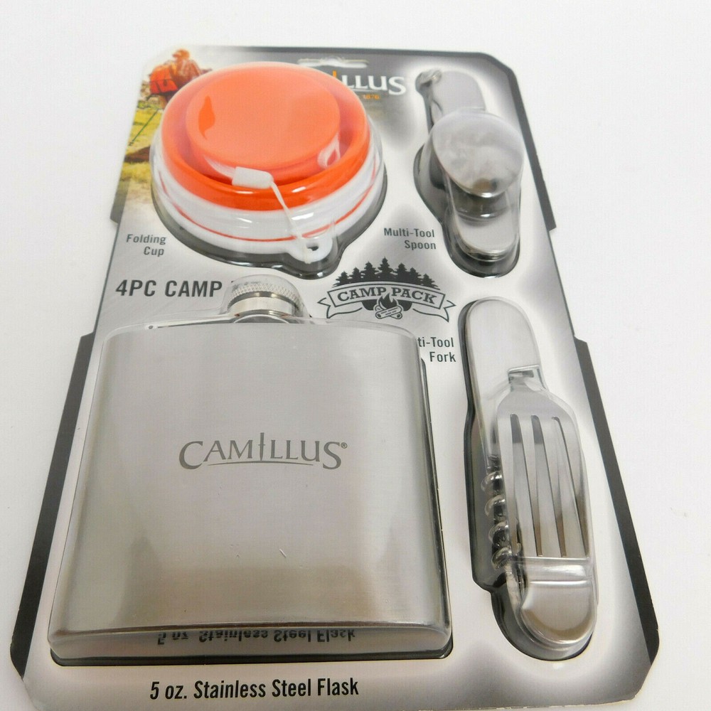 Camillus 4 PIECE CAMP SET (Spoon, Fork / Tool, Flask & Cup) 2 Pc KNIFE COMBO SET
