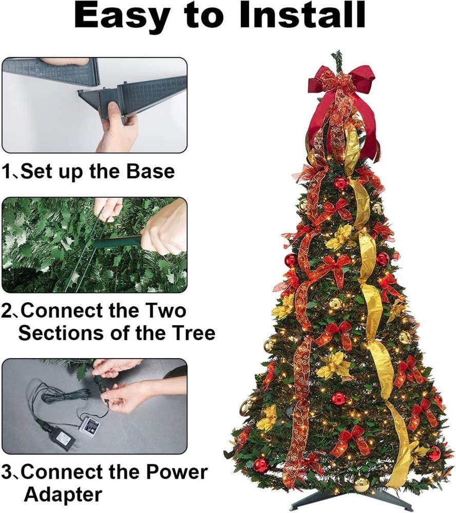 6Ft Pre-lit Christmas Tree Fully Decorated Pull-Up Christmas Tree with Remote