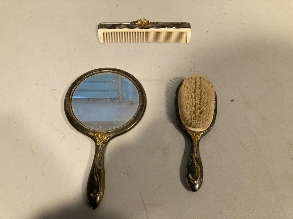 Vintage 3 Pc Vanity Set Hand Mirror Brush Comb Silver Plated Rose Scroll