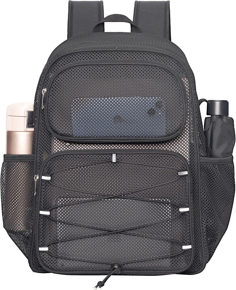 Mesh Backpack Heavy Duty See Through Bag with Paded Strap Large Black