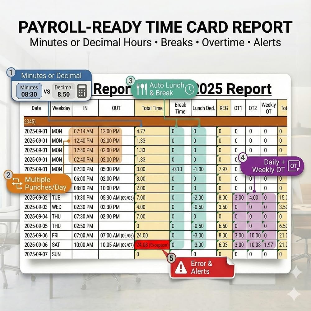 Time Clock System: App Control & 5s Fast Connection, Customizable Rules & 4 Payr