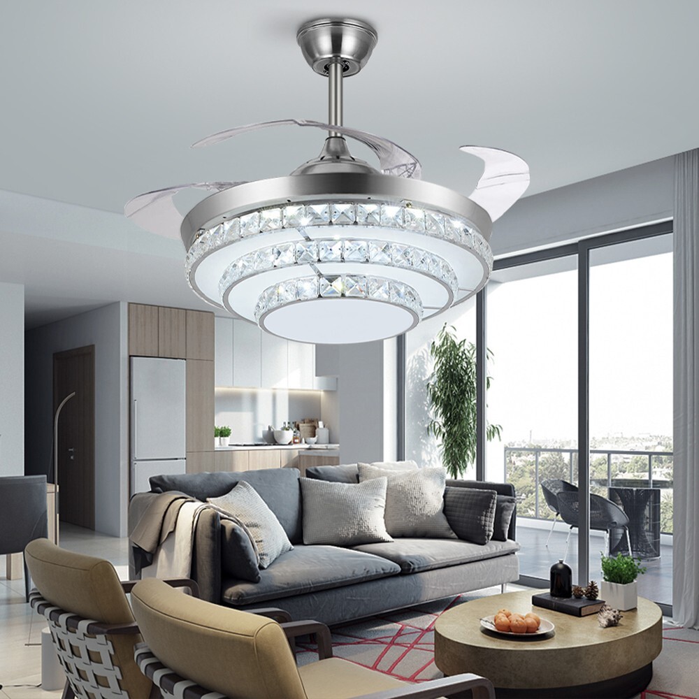 42 inches Silver 3-Ring Crystal Fan Ceiling Light
