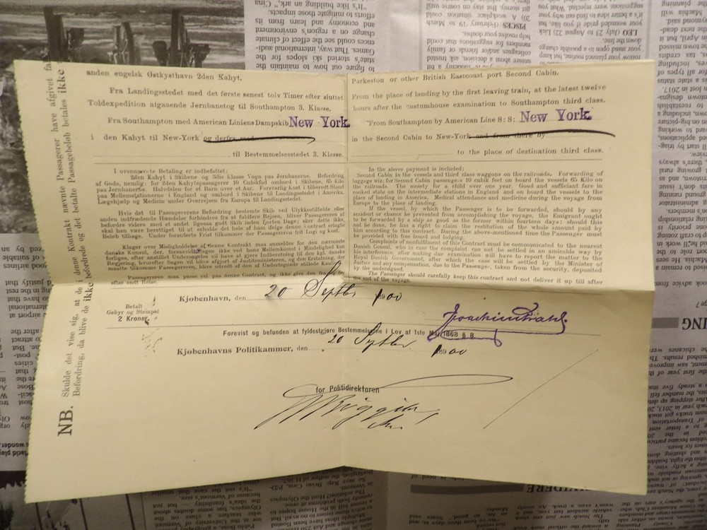 1900 American Line Passenger Contract Denmark