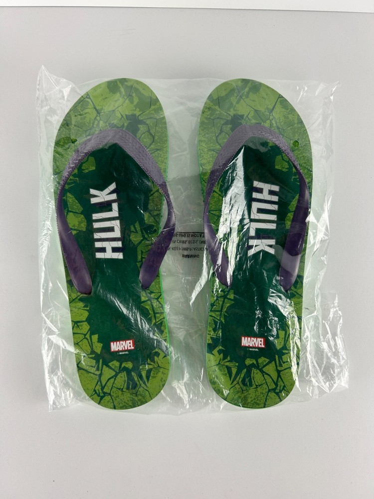 Marvel Comics Hulk Flip Flops Size Medium Green/Purple Smashed Ground