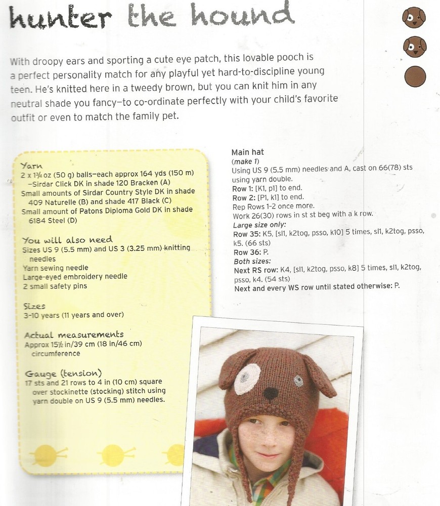 A0156  HUNTER THE HOUND KID'S HAT KNITTING PATTERN