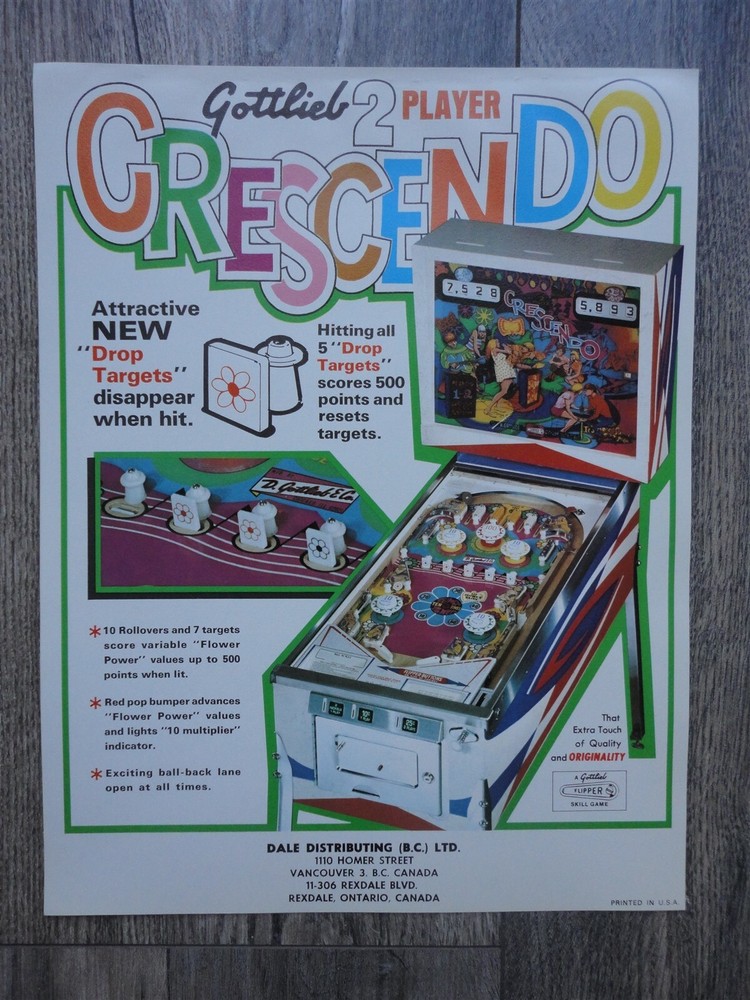 Crescendo Pinball Machine Flyer Gottlieb Original