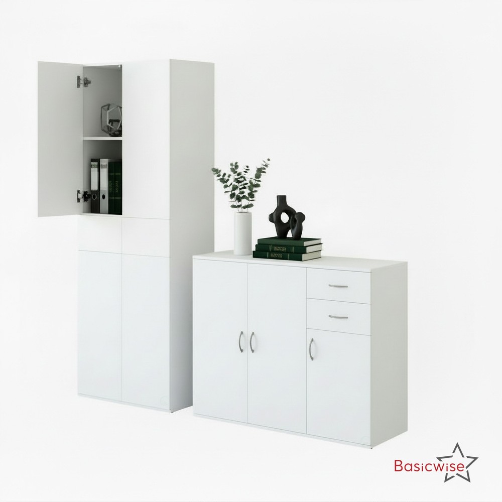 Basicwise Set of Buffet Table with Drawers Plus Cabinet with Compartments, White