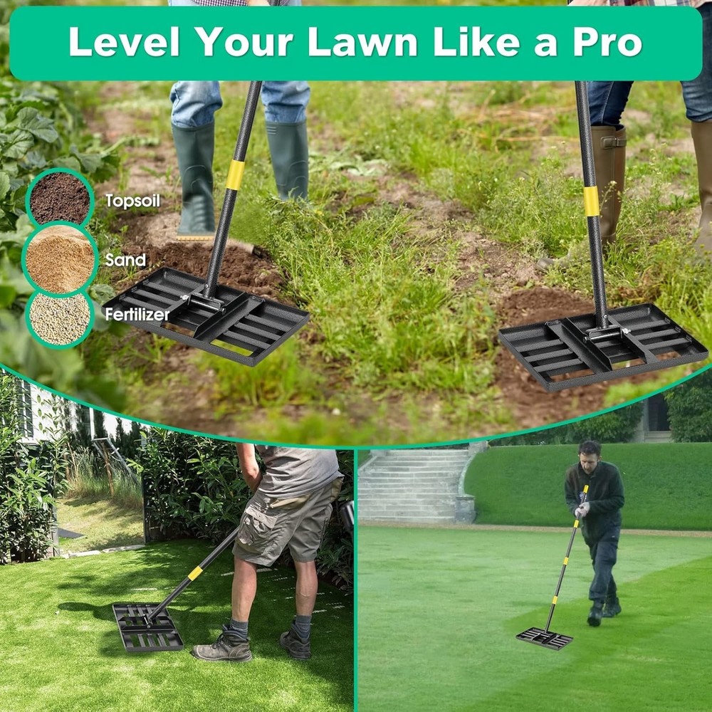 Effortless Lawn Leveling Rake - 5FT Adjustable Handle, 17"x10" Lightweight Tool
