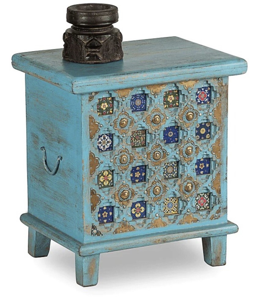 Indian hand Carved Trunk / Storage Chest with Ceramic Tile and Brass Fitting
