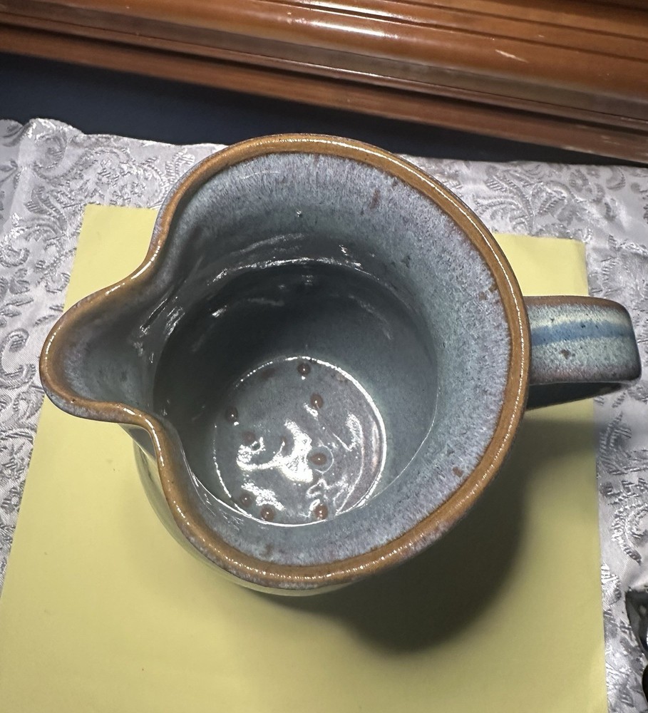 Vintage Stoneware Blue Drip Glazed Pitcher with Handle 9” Tall